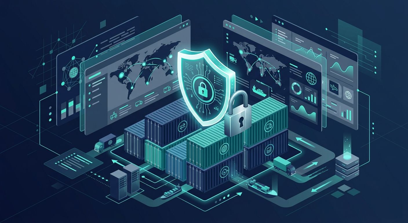 رسم توضيحي رقمي لدرع حماية وقفل يحميان حاويات شحن ولوحة تحكم لوجستية، يرمز إلى نظام RBAC الآمن.