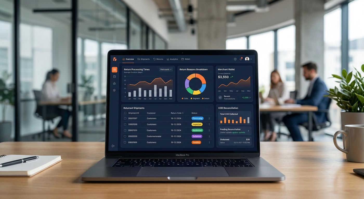 Modern SaaS dashboard interface displaying reverse logistics tracking, return statuses, and COD reconciliation.