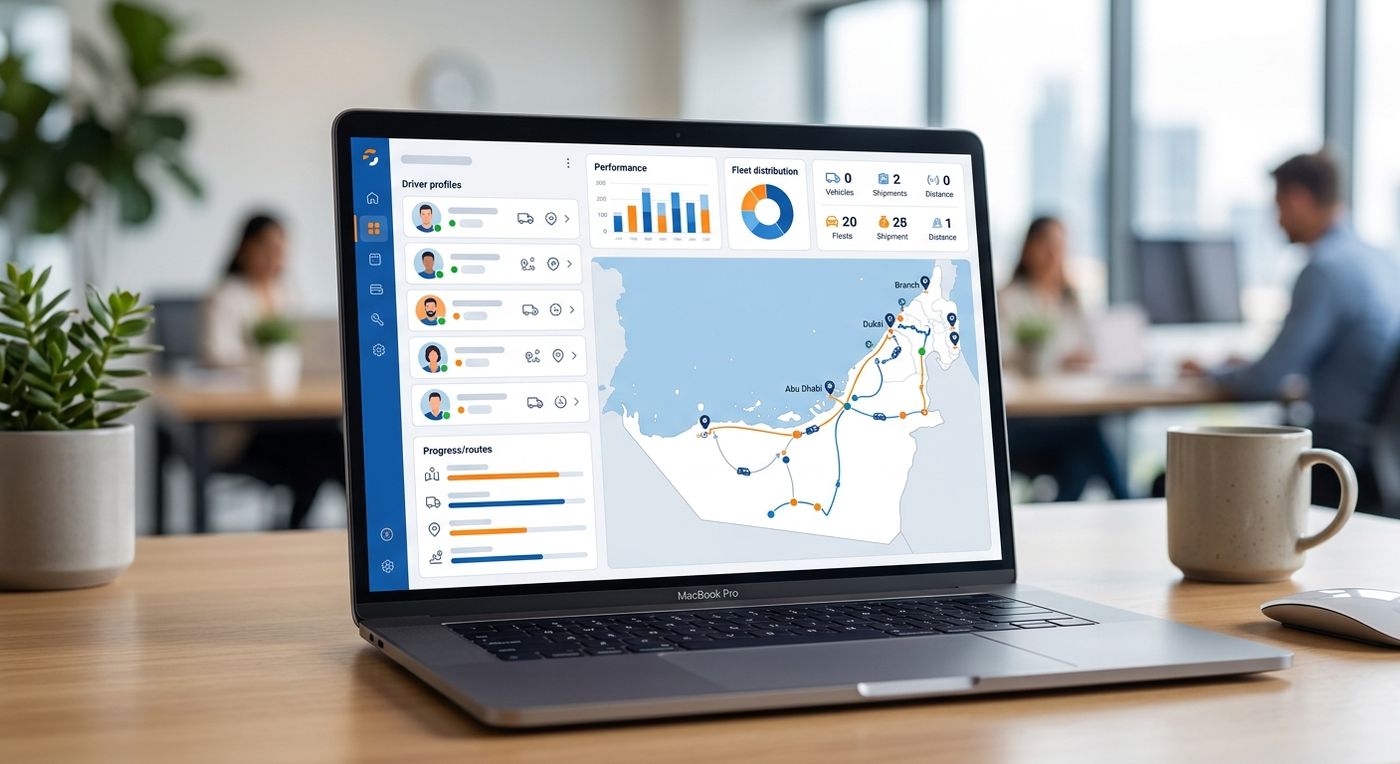 A modern SaaS ERP dashboard on a laptop screen showing multi-branch fleet dispatch and route optimization.