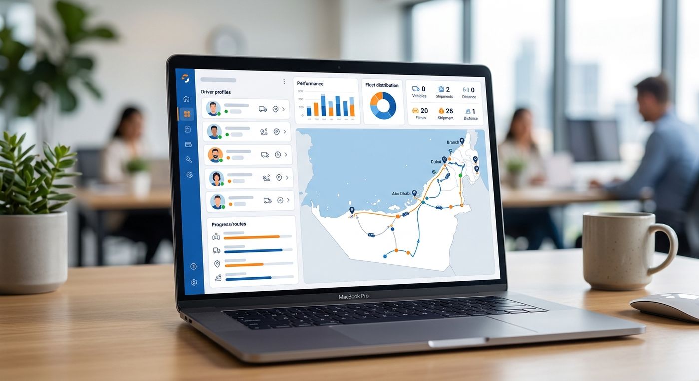 A modern SaaS ERP dashboard on a laptop screen showing multi-branch fleet dispatch and route optimization.