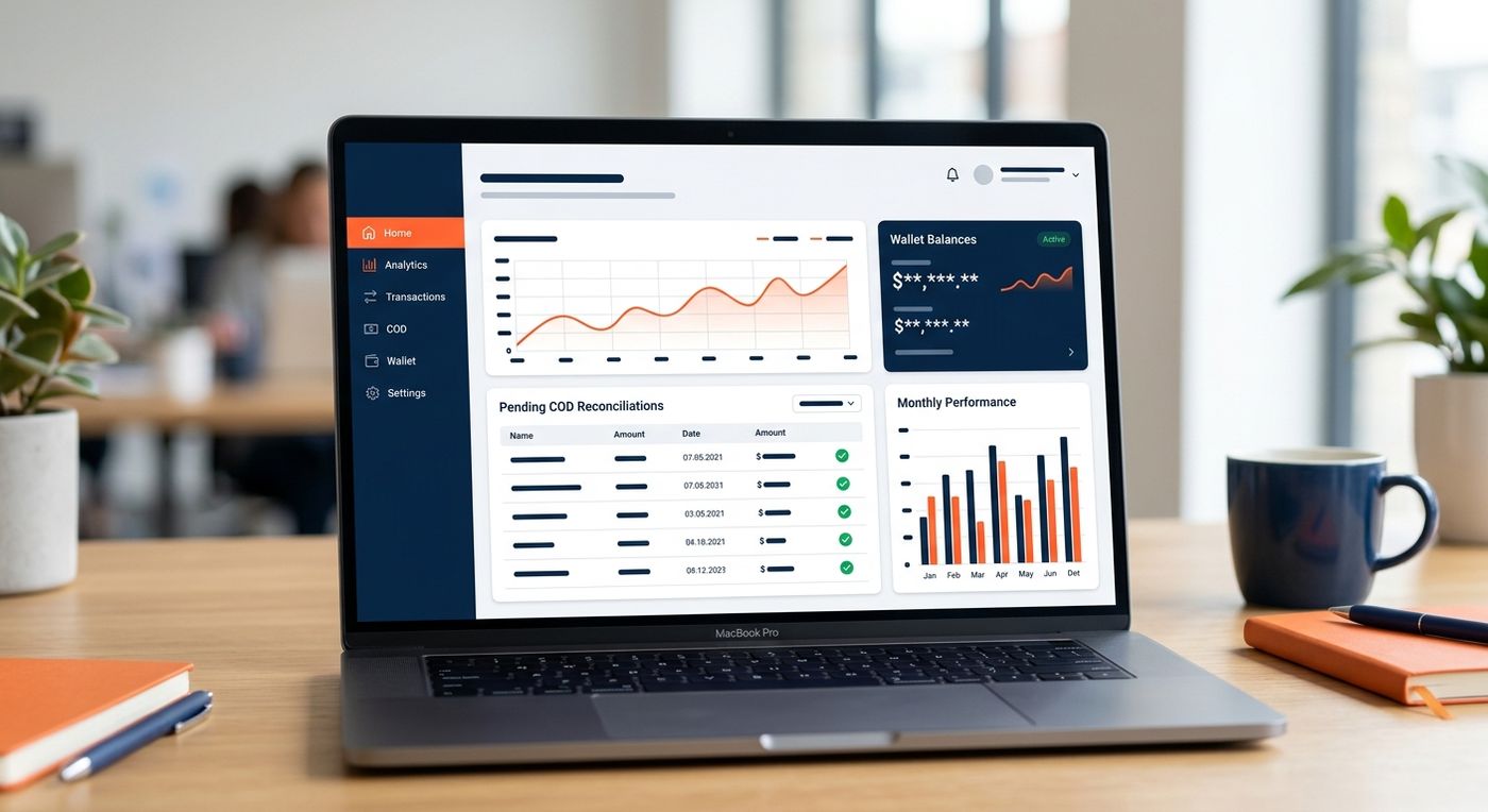 A professional SaaS dashboard showcase on a laptop screen, displaying real-time COD reconciliation status, merchant wallet balances, and financial analytics for a shipping ERP.