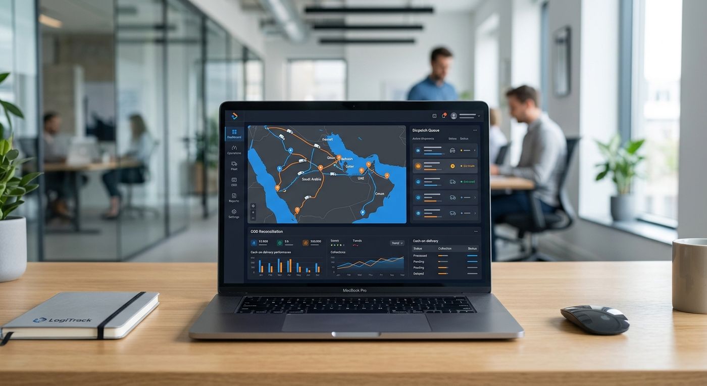 A modern SaaS dashboard mockup on a laptop screen showing logistics dispatch and COD reconciliation tools in a blue and orange theme.