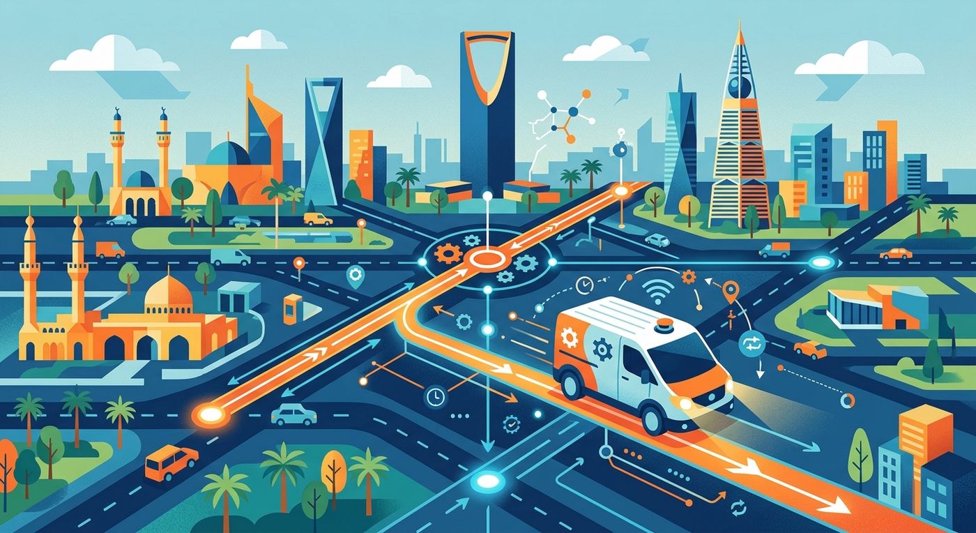 Flat vector illustration of a delivery van on an optimized route map, symbolizing Shiprex's automated driver dispatch and fleet management.