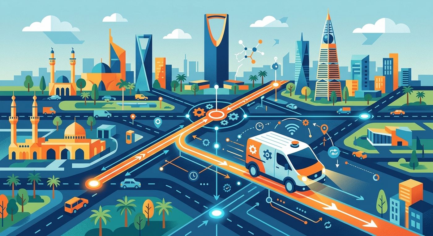 Flat vector illustration of a delivery van on an optimized route map, symbolizing Shiprex's automated driver dispatch and fleet management.