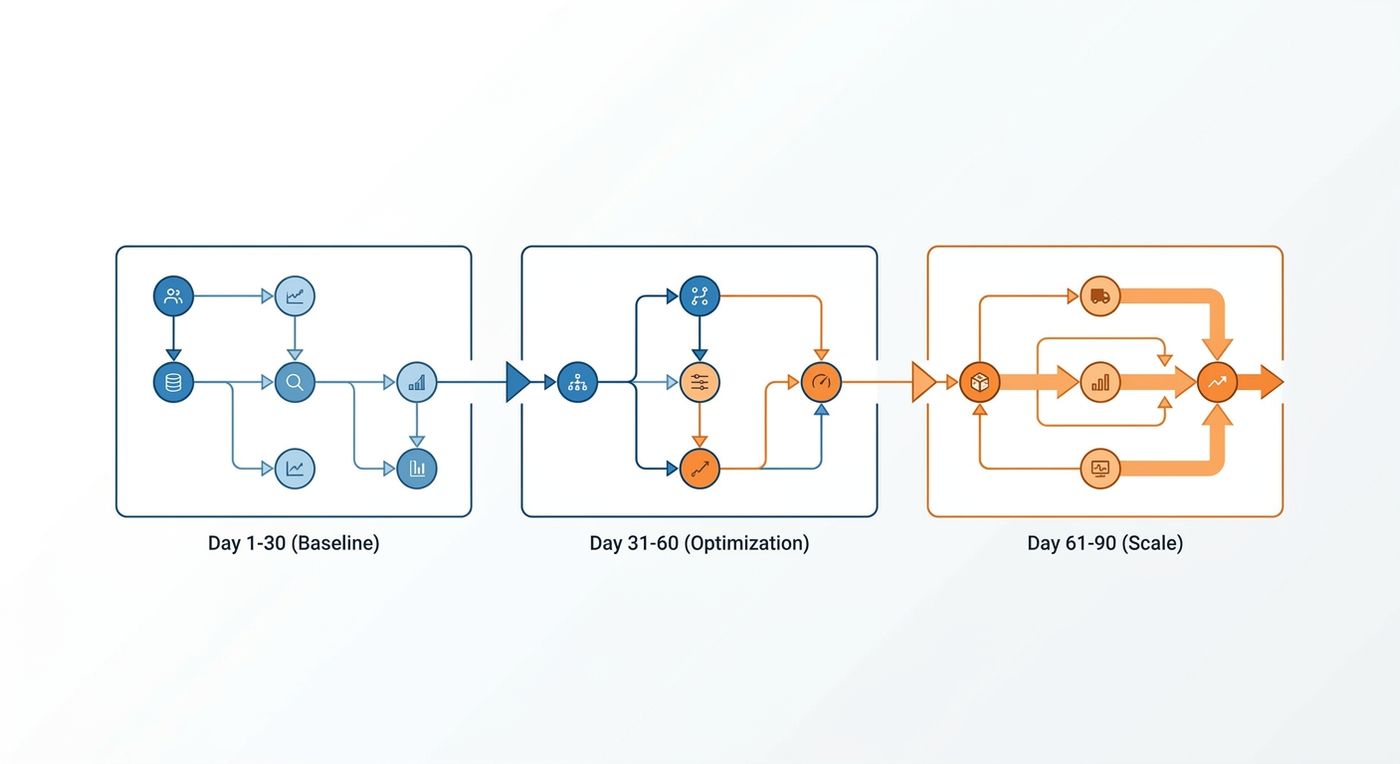 A technical diagram illustrating a 90-day benchmarking framework for tracking KPIs after implementing a fleet tracking and routing ERP.