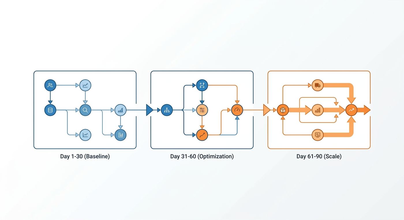 A technical diagram illustrating a 90-day benchmarking framework for tracking KPIs after implementing a fleet tracking and routing ERP.
