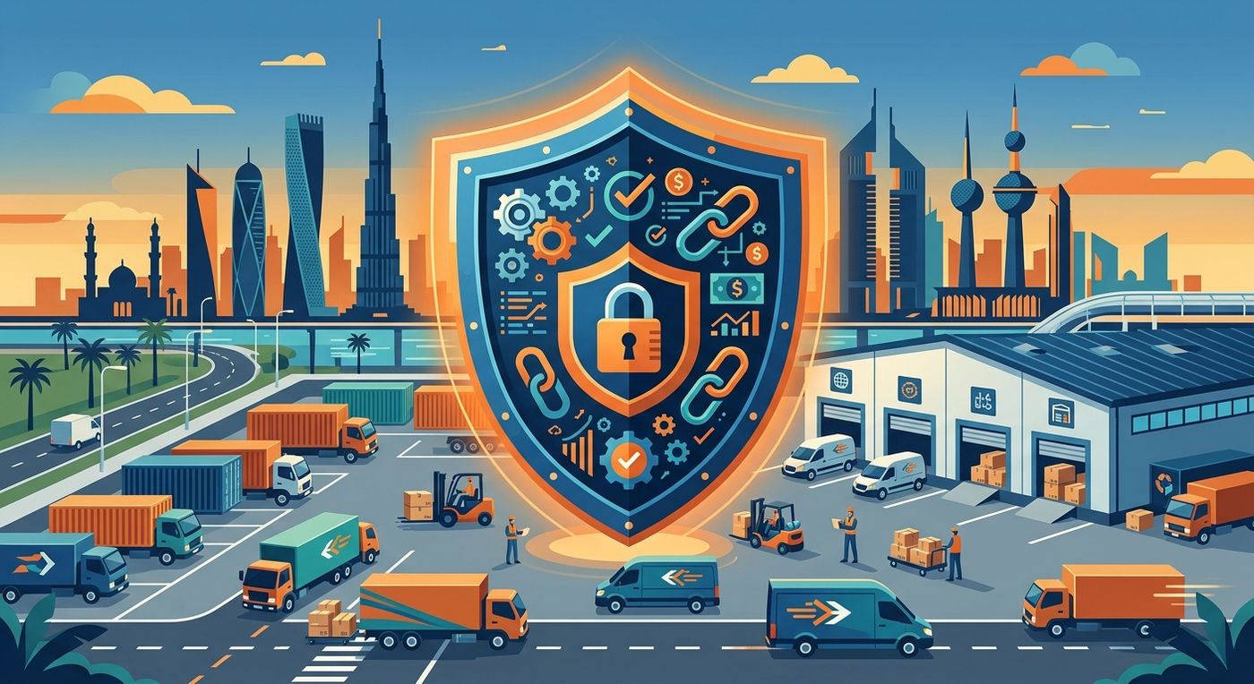 Flat vector illustration of a secure shipping hub representing compliant, zero-leakage cash management in the GCC region.