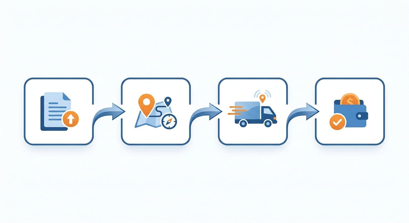 A technical diagram showing the automated workflow from bulk order upload to COD reconciliation in a logistics ERP.