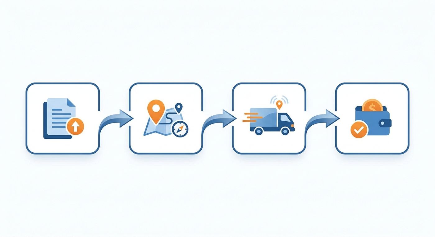 A technical diagram showing the automated workflow from bulk order upload to COD reconciliation in a logistics ERP.