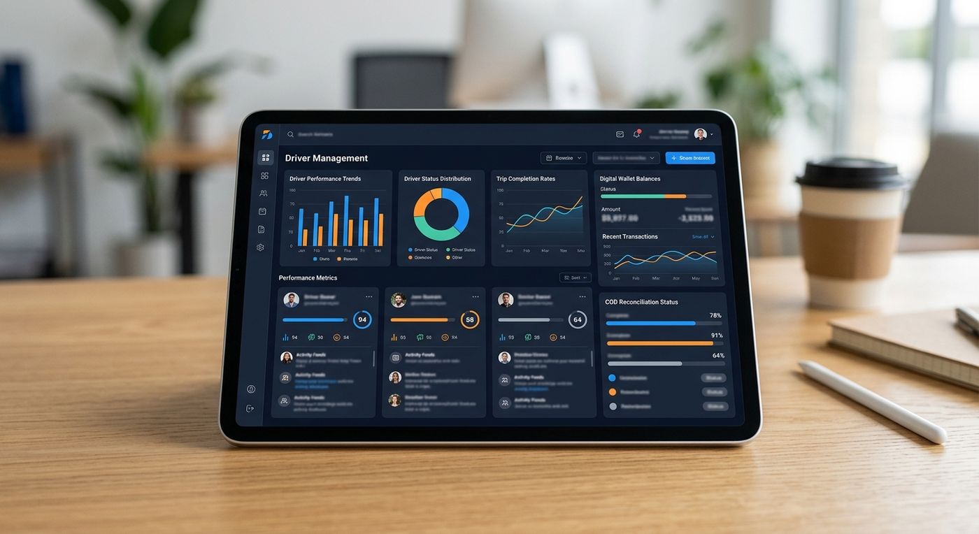 A tablet displaying the Shiprex driver management and automated payout dashboard interface.