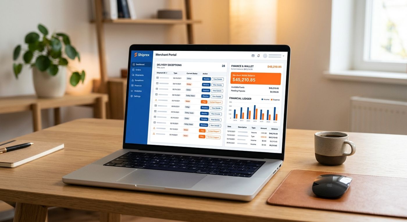 A high-fidelity showcase of the Shiprex merchant portal dashboard on a laptop screen, highlighting the delivery exception management interface and the integrated merchant wallet.