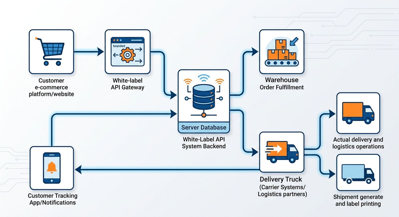 Technical flowchart diagram of a custom shipping API integration connecting an e-commerce store to an ERP system and dispatching to couriers.