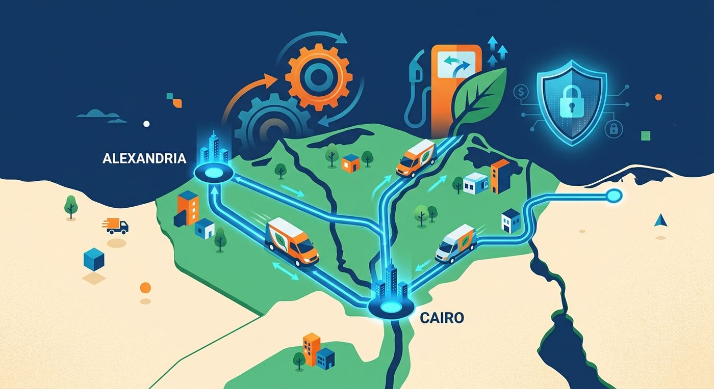 Editorial illustration of a unified fleet management and route optimization network across Egypt, representing fuel savings and efficient logistics.