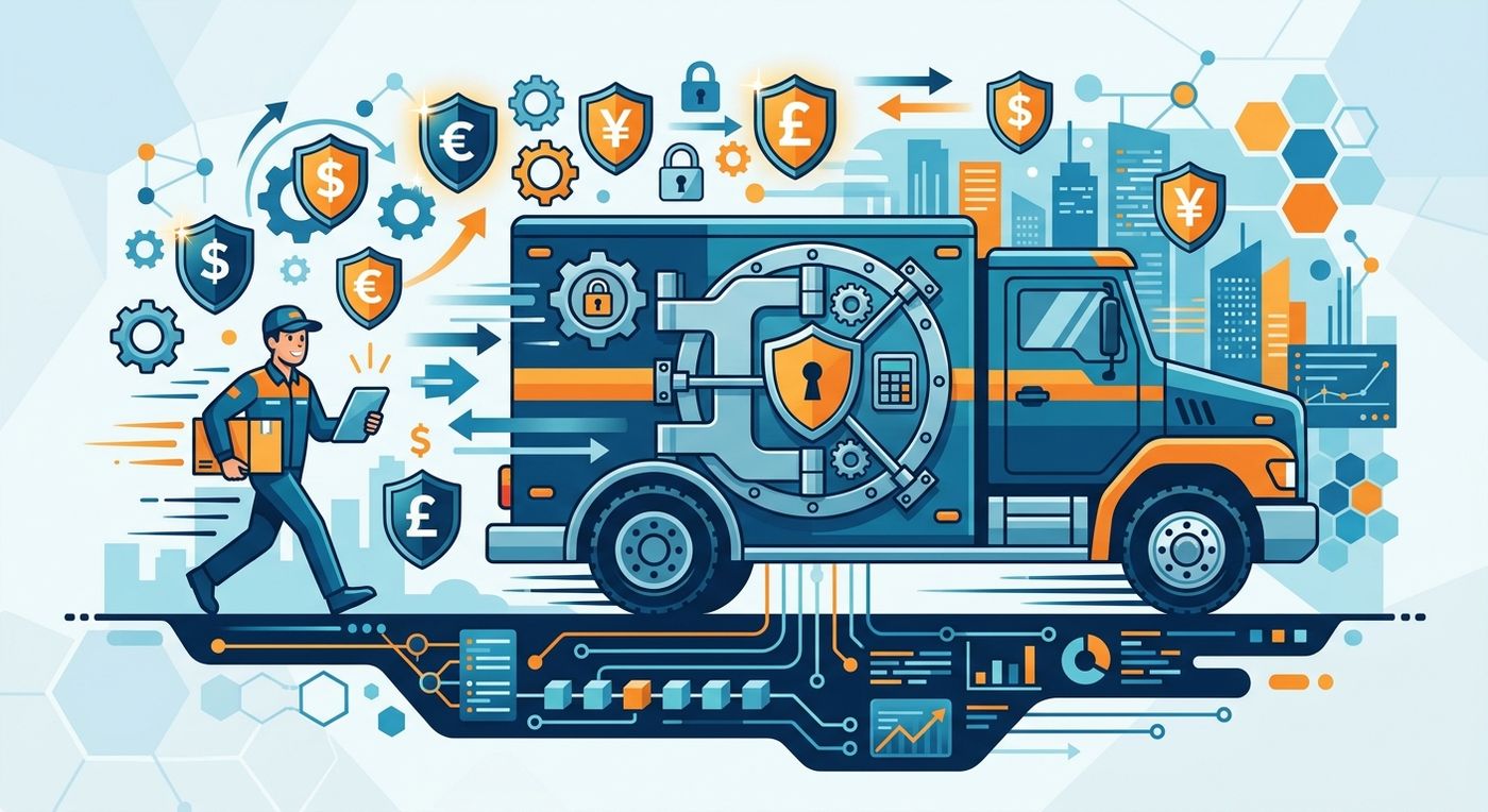 رسم توضيحي مسطح يمثل الإدارة المالية الآمنة لشركات الشحن، يظهر فيه باب خزنة رقمية مدمج مع عناصر الخدمات اللوجستية وأيقونات الأمان المالي.