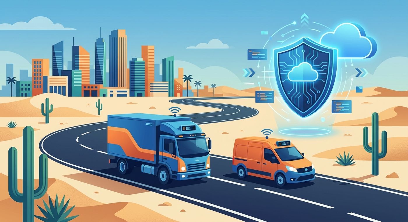 Flat editorial illustration of delivery vehicles connected to a secure cloud network, representing automated Saudi 3PL compliance.