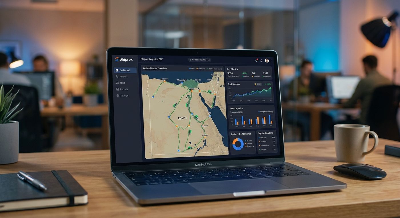 A professional showcase of the Shiprex route optimization dashboard on a laptop, displaying fleet analytics and route planning.