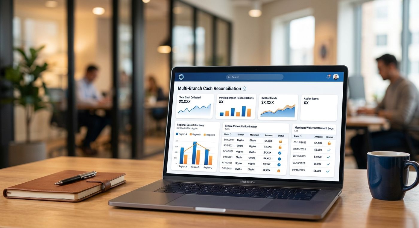 نموذج تجريبي لواجهة مستخدم سحابية تعرض لوحة تحكم مطابقة النقدية للفروع المتعددة وتتبع التدقيق المالي الآمن على كمبيوتر محمول.