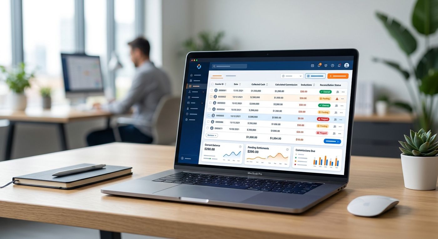 A laptop displaying the Shiprex driver cash reconciliation dashboard, showing automated COD tracking, commissions, and deductions.