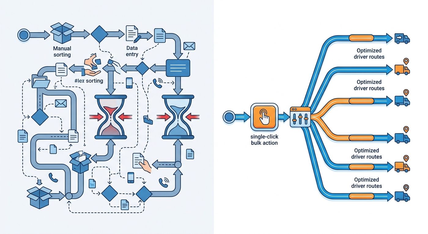A technical diagram comparing chaotic manual dispatching with automated bulk dispatch software flow.