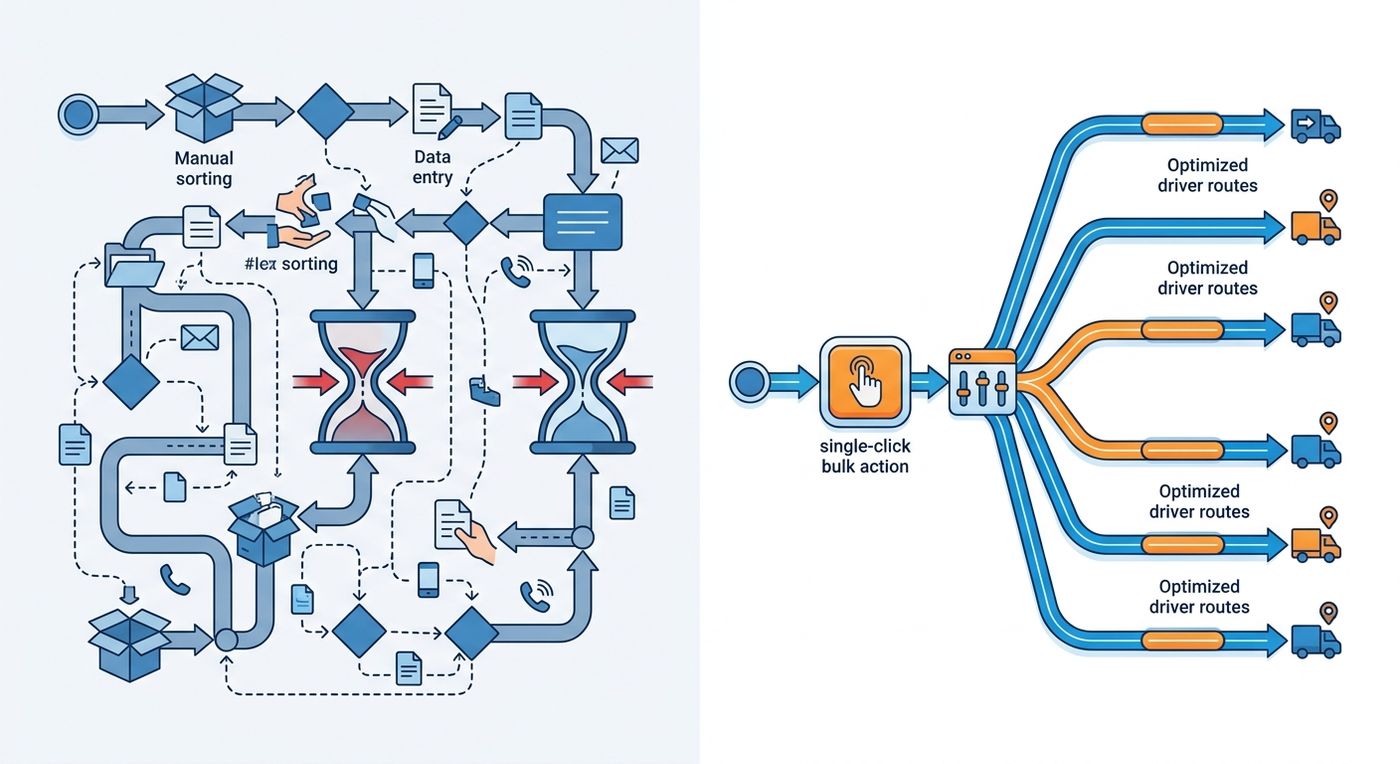 A technical diagram comparing chaotic manual dispatching with automated bulk dispatch software flow.