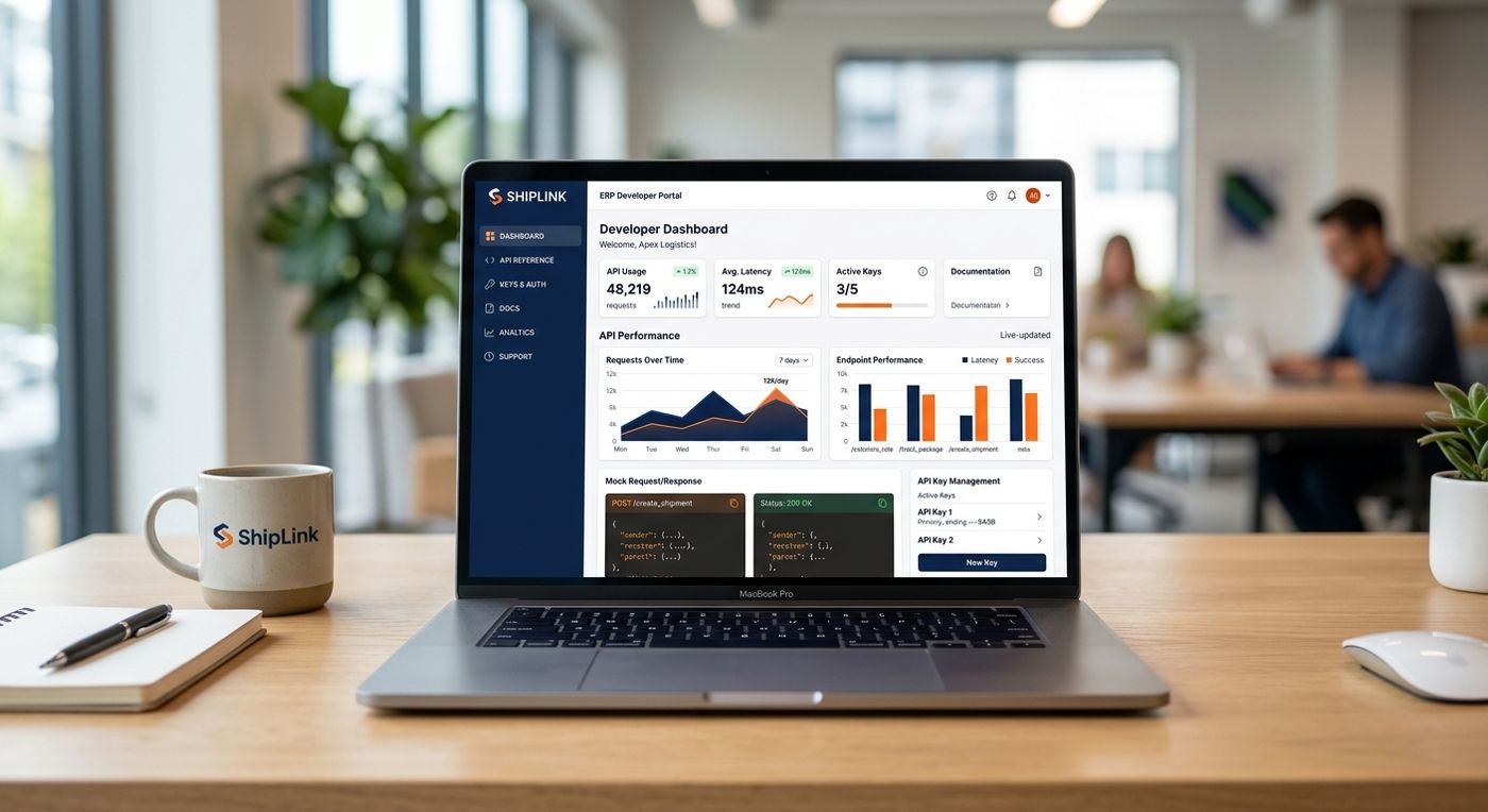 A professional white-label developer portal interface displayed on a laptop, showing API performance metrics and integration tools for enterprise shipping.