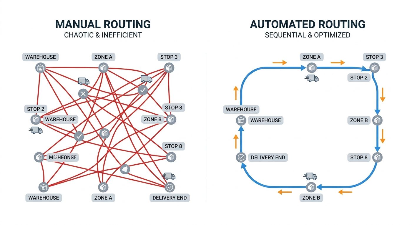 A technical diagram comparing chaotic manual routing paths with overlapping territories against Shiprex's optimized, non-overlapping automated routing paths.