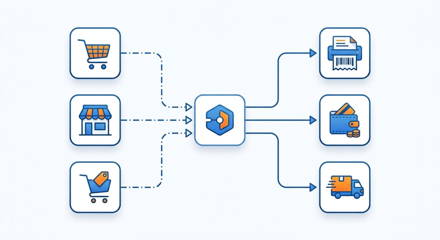 Technical flowchart diagram showing data flow from e-commerce storefronts into a central shipping ERP system for automated waybill generation and dispatch.