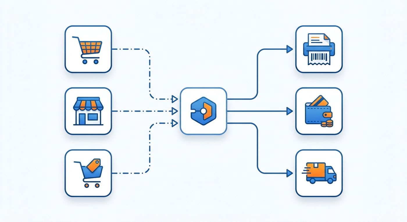 Technical flowchart diagram showing data flow from e-commerce storefronts into a central shipping ERP system for automated waybill generation and dispatch.