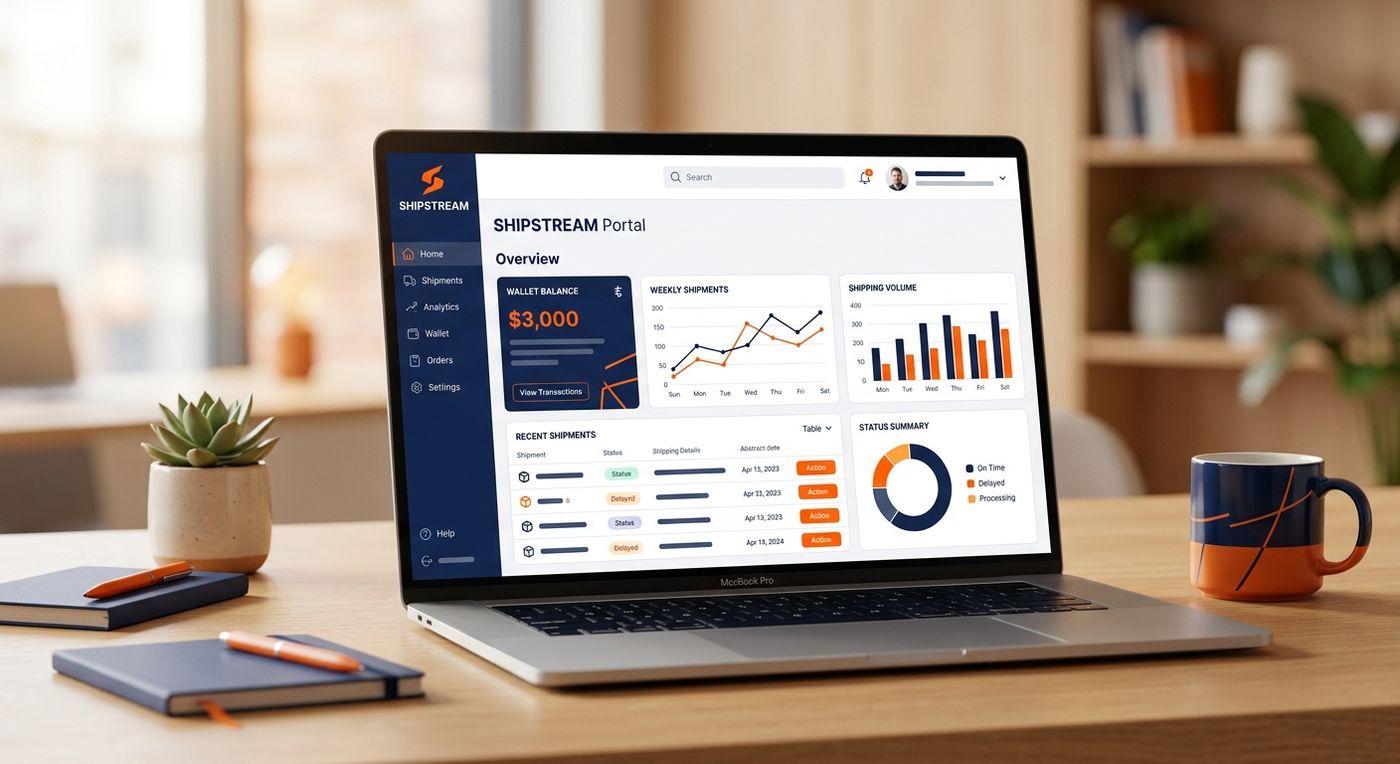 A product showcase of a sleek, custom-branded merchant portal dashboard on a laptop, highlighting the financial wallet and order tracking features of the 3PL logistics software.