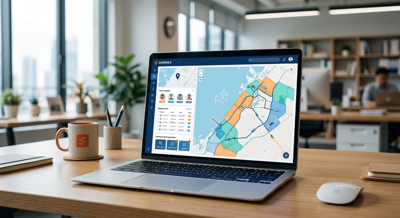 A laptop displaying the Shiprex fleet management dashboard with optimized delivery zones and route planning tools.