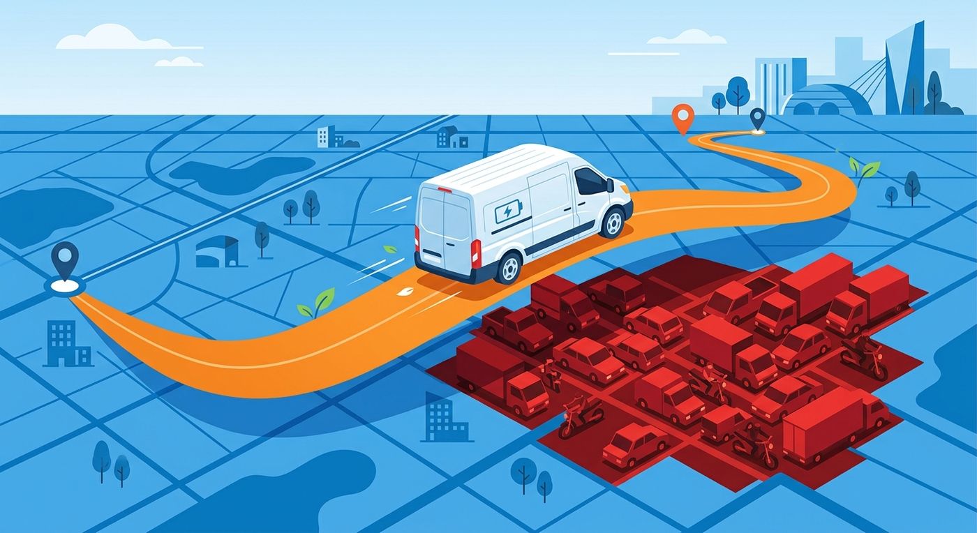 A conceptual illustration of a delivery vehicle avoiding traffic congestion using optimized routes to reduce logistics fuel costs.