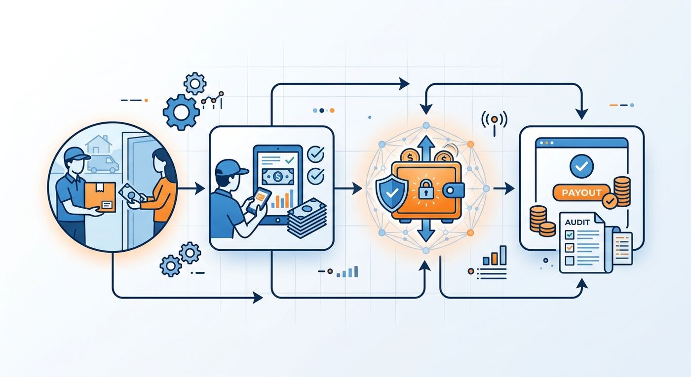 Technical diagram of an automated COD reconciliation workflow showing cash collection, driver ledger matching, merchant wallet updates, and payouts.