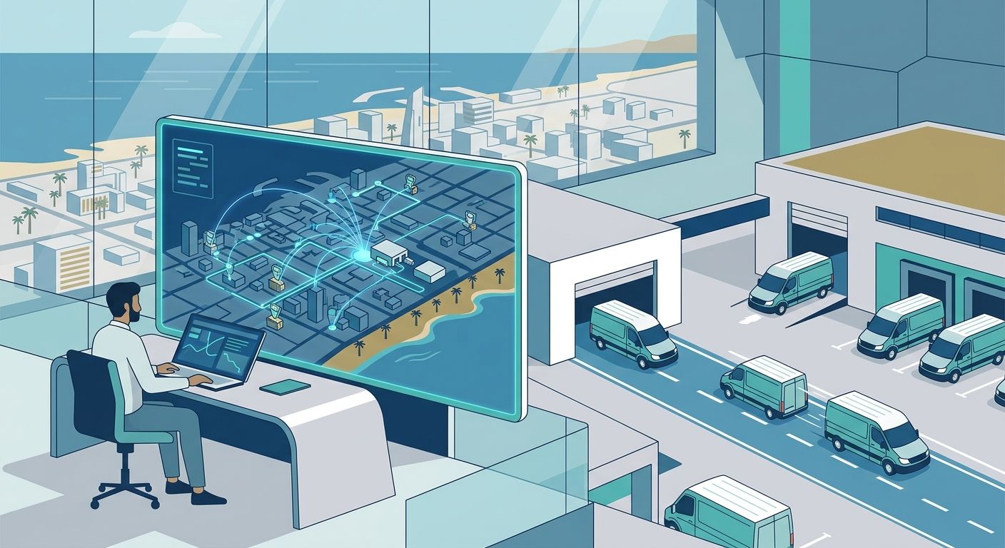Modern digital dashboard showing automated fleet routing and dispatch optimization map