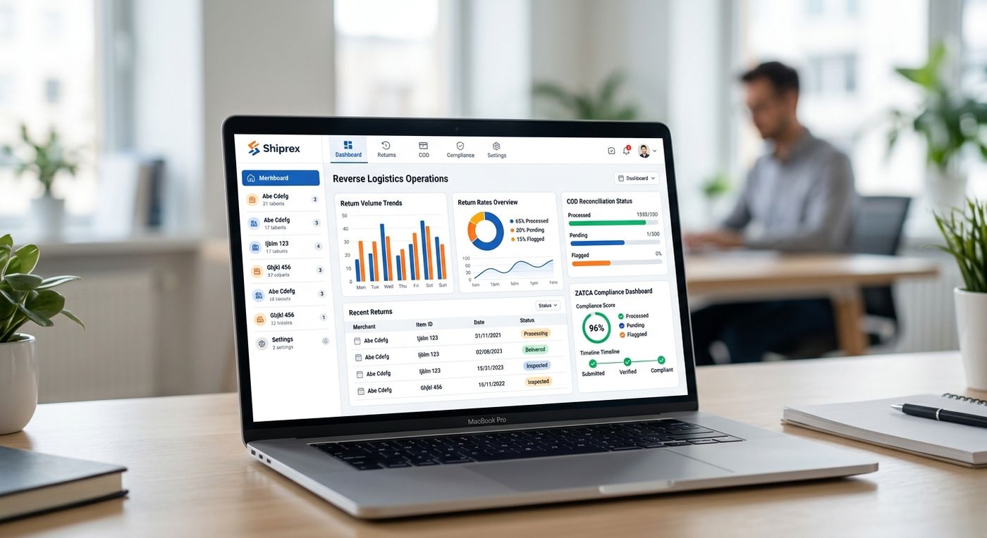 Shiprex SaaS dashboard displayed on a laptop, showing the reverse logistics tracking and automated COD reconciliation interface.