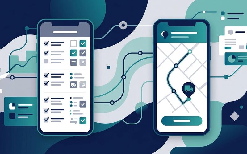 An editorial flat illustration showing a clean, optimized logistics mobile app interface side-by-side with a cluttered one, representing performance and visual clarity.