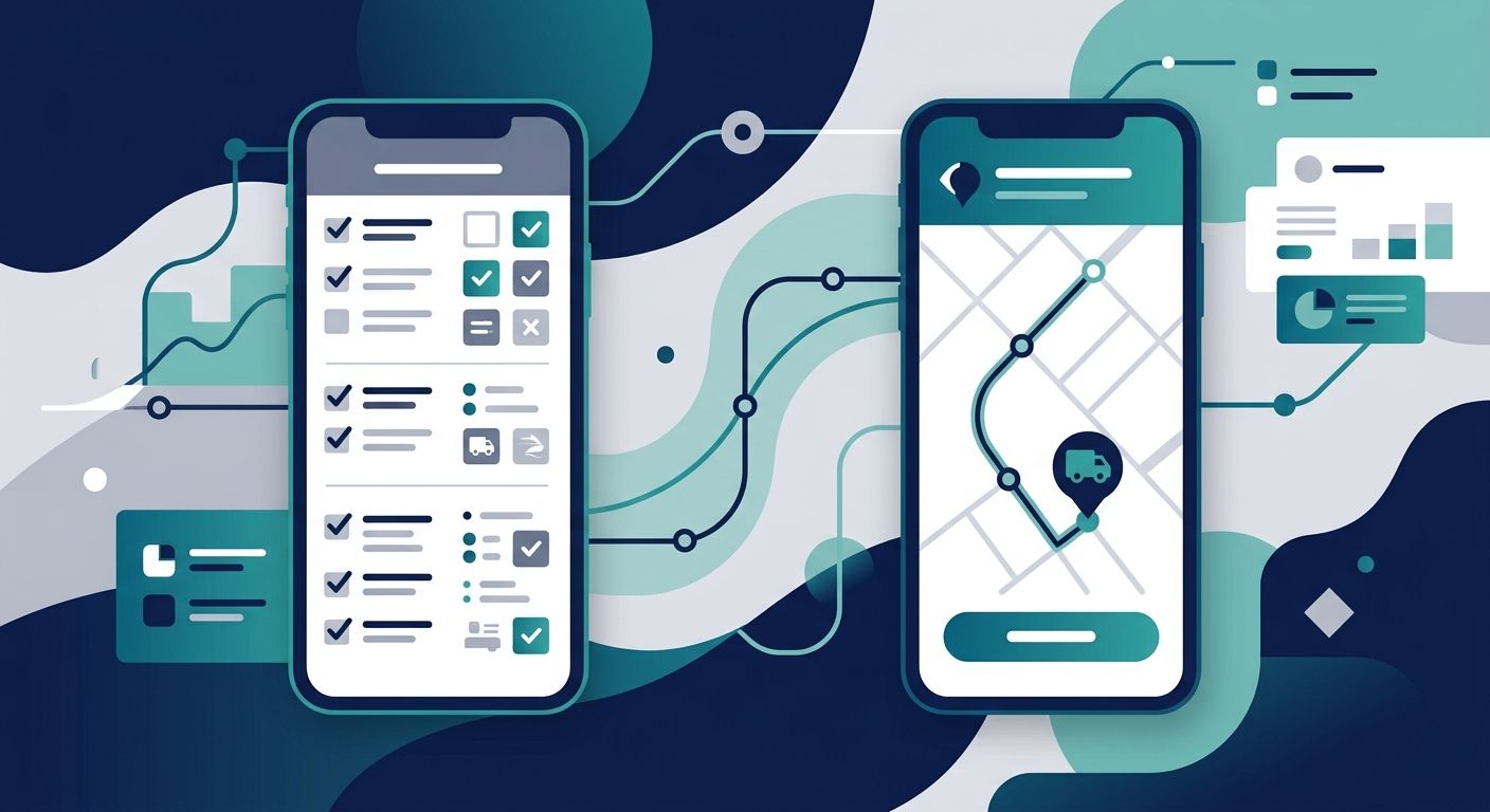 An editorial flat illustration showing a clean, optimized logistics mobile app interface side-by-side with a cluttered one, representing performance and visual clarity.