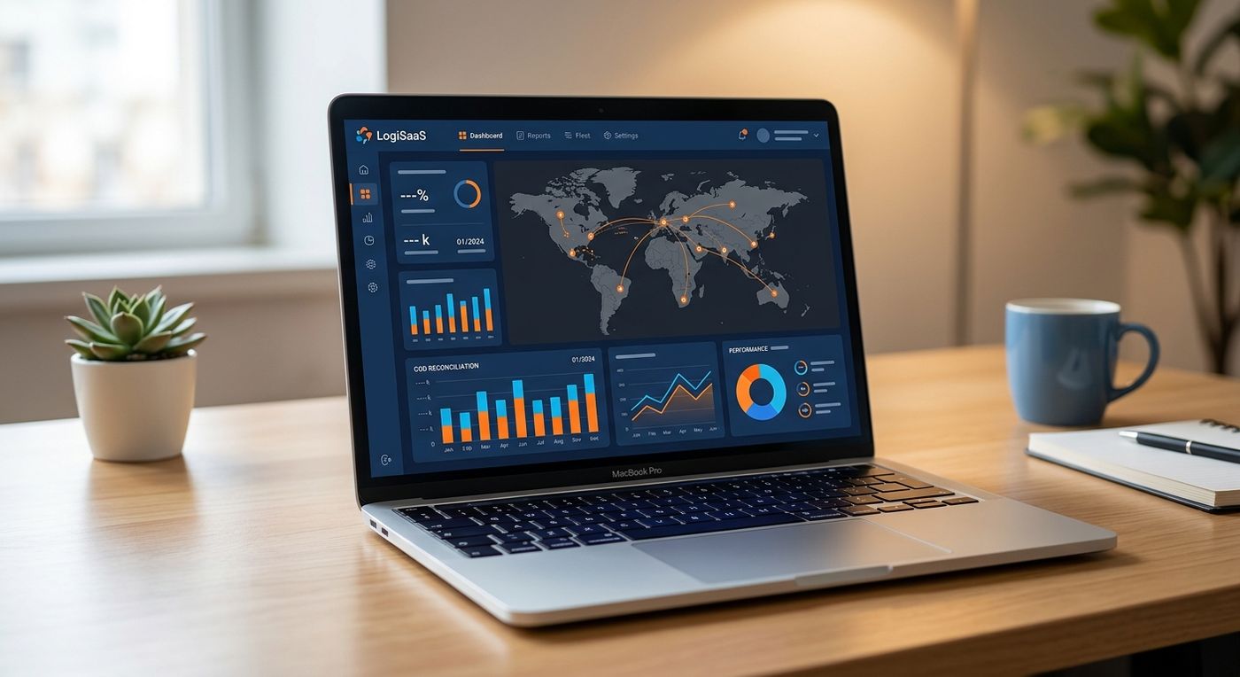 لوحة تحكم نظام Shiprex لإدارة الخدمات اللوجستية على كمبيوتر محمول تعرض مقاييس أداء اتفاقية مستوى الخدمة وتحليلات المسارات.