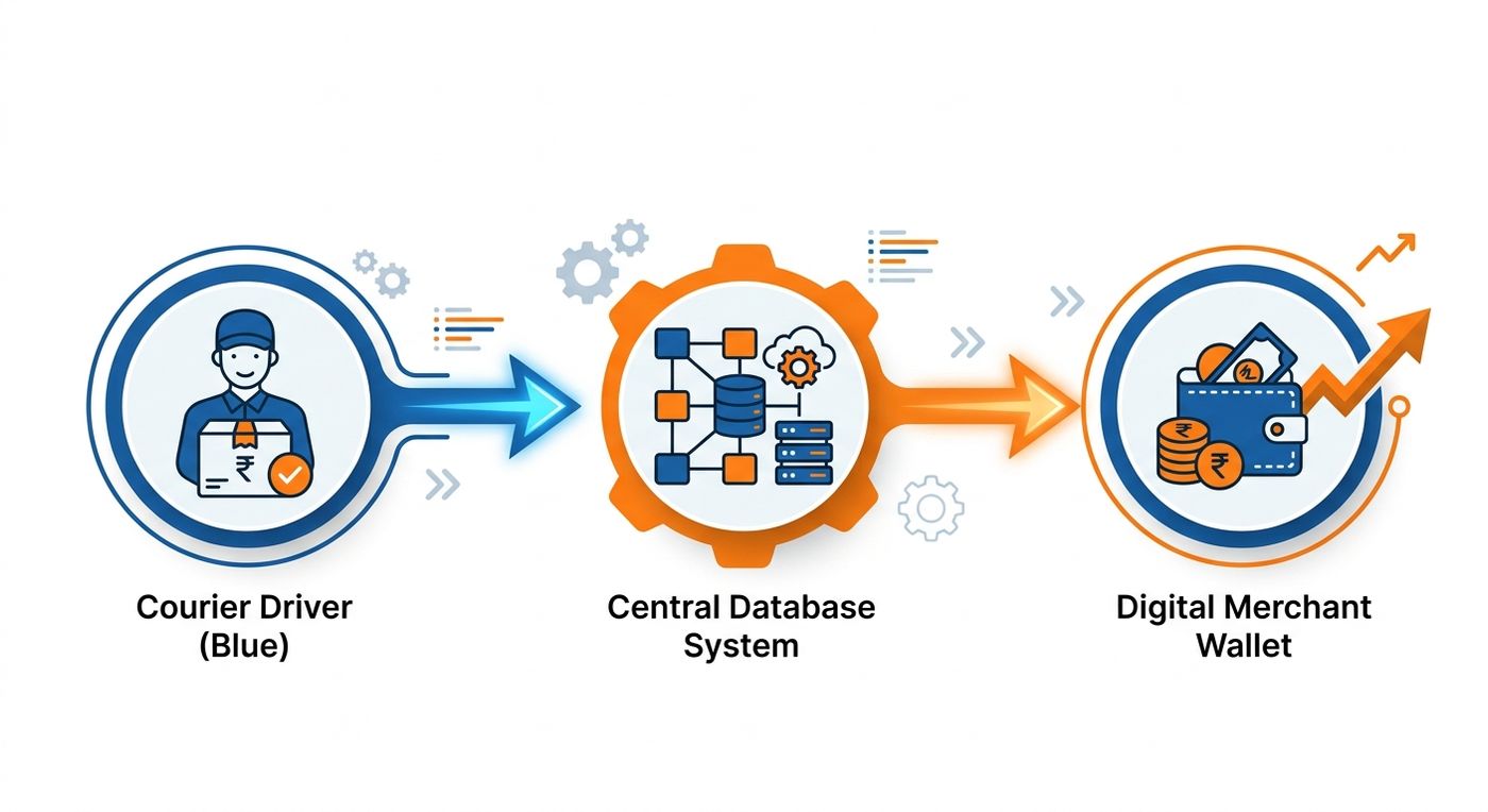 Technical diagram showing the automated flow of Cash on Delivery (COD) from courier delivery to the central ERP system and merchant wallet.