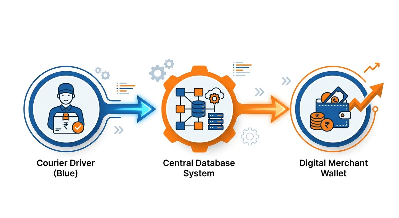 Technical diagram showing the automated flow of Cash on Delivery (COD) from courier delivery to the central ERP system and merchant wallet.