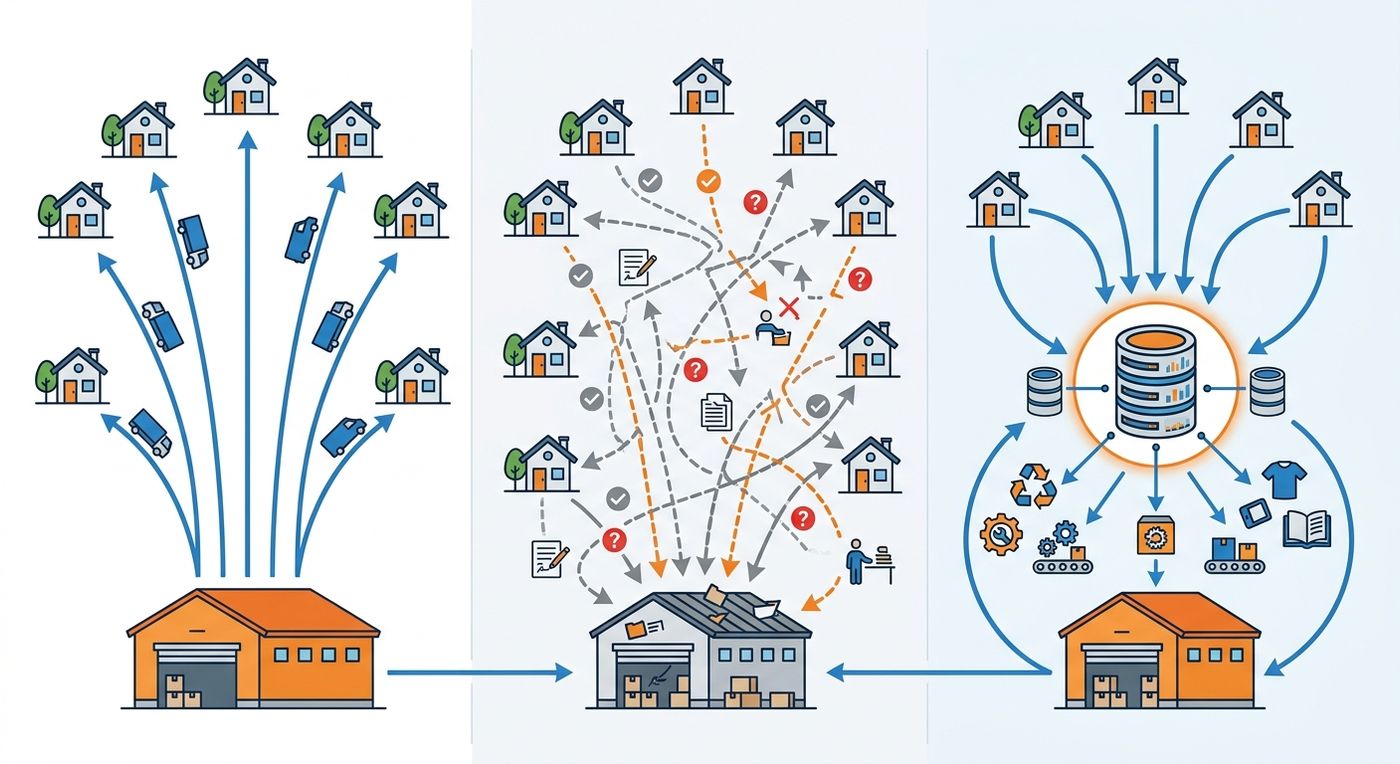 Technical diagram comparing outbound logistics, manual returns, and automated returns workflows in a 3PL warehouse.