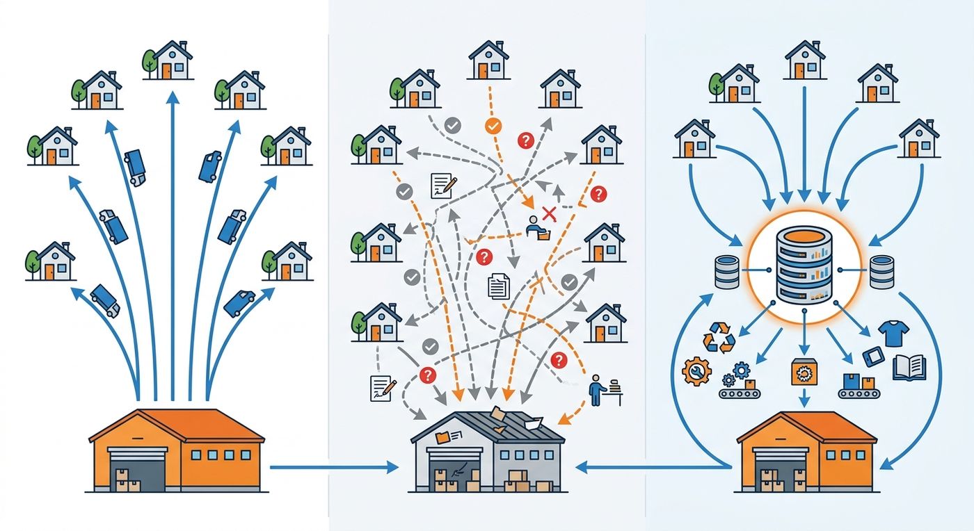 Technical diagram comparing outbound logistics, manual returns, and automated returns workflows in a 3PL warehouse.
