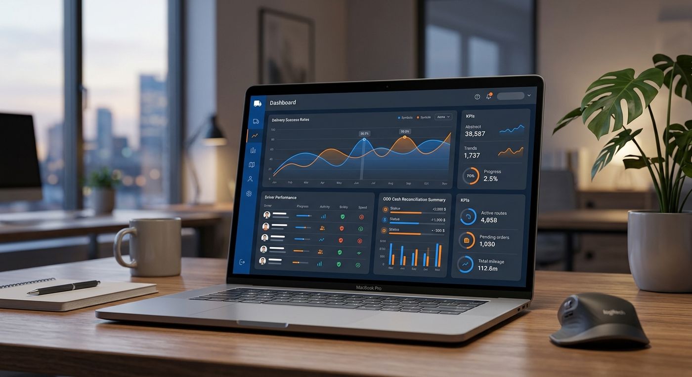 A professional product showcase of the Shiprex logistics ERP dashboard on a laptop, displaying real-time analytics, delivery success charts, and financial metrics.