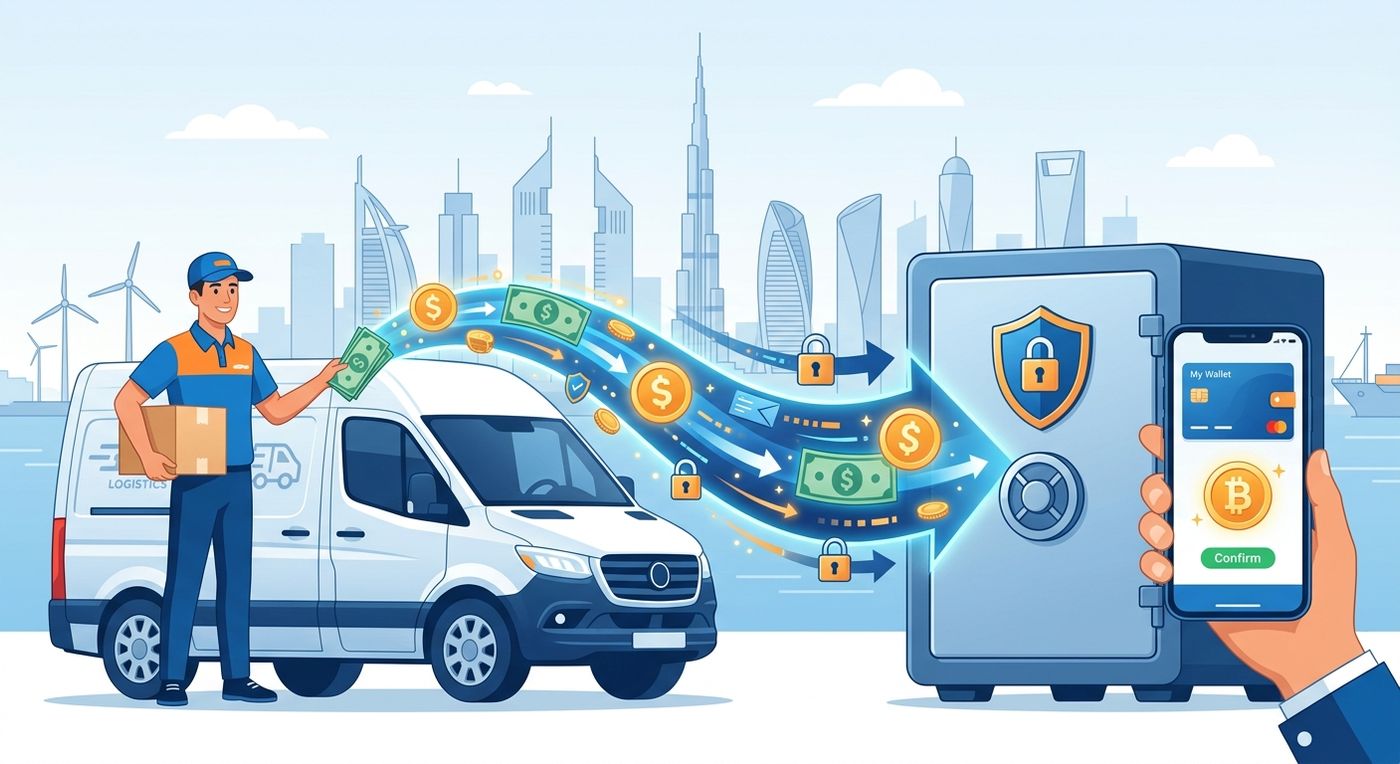 رسم توضيحي مسطح يمثل التدفق الآمن والسريع للمتحصلات النقدية إلى المحافظ الرقمية للتجار.
