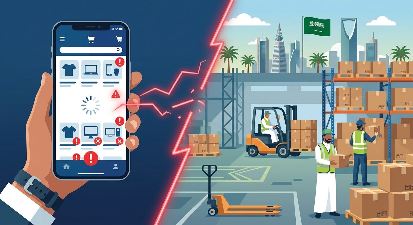 Illustration showing e-commerce shipping API integration failure with warning signs and disconnected data streams