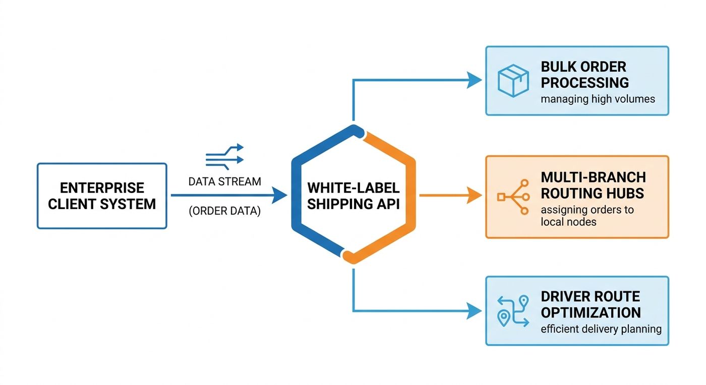 Technical flow diagram showing how an enterprise client system integrates with a white-label shipping API to route orders to regional hubs and optimize driver routes.