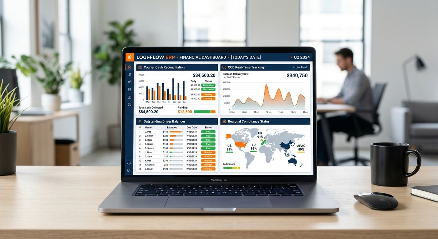 A product showcase of the Shiprex financial dashboard on a laptop, displaying real-time COD tracking, driver cash balances, and logistics reconciliation metrics.