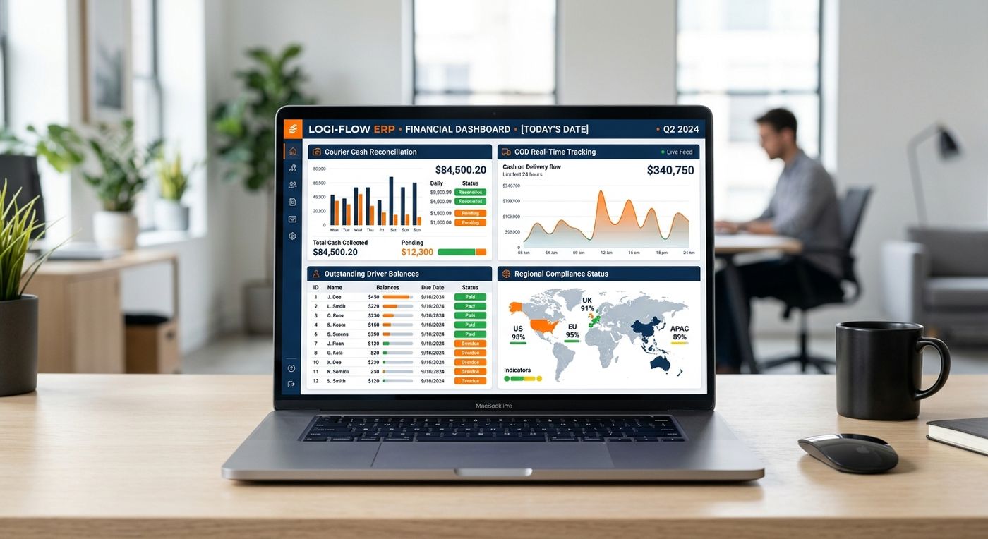 A product showcase of the Shiprex financial dashboard on a laptop, displaying real-time COD tracking, driver cash balances, and logistics reconciliation metrics.