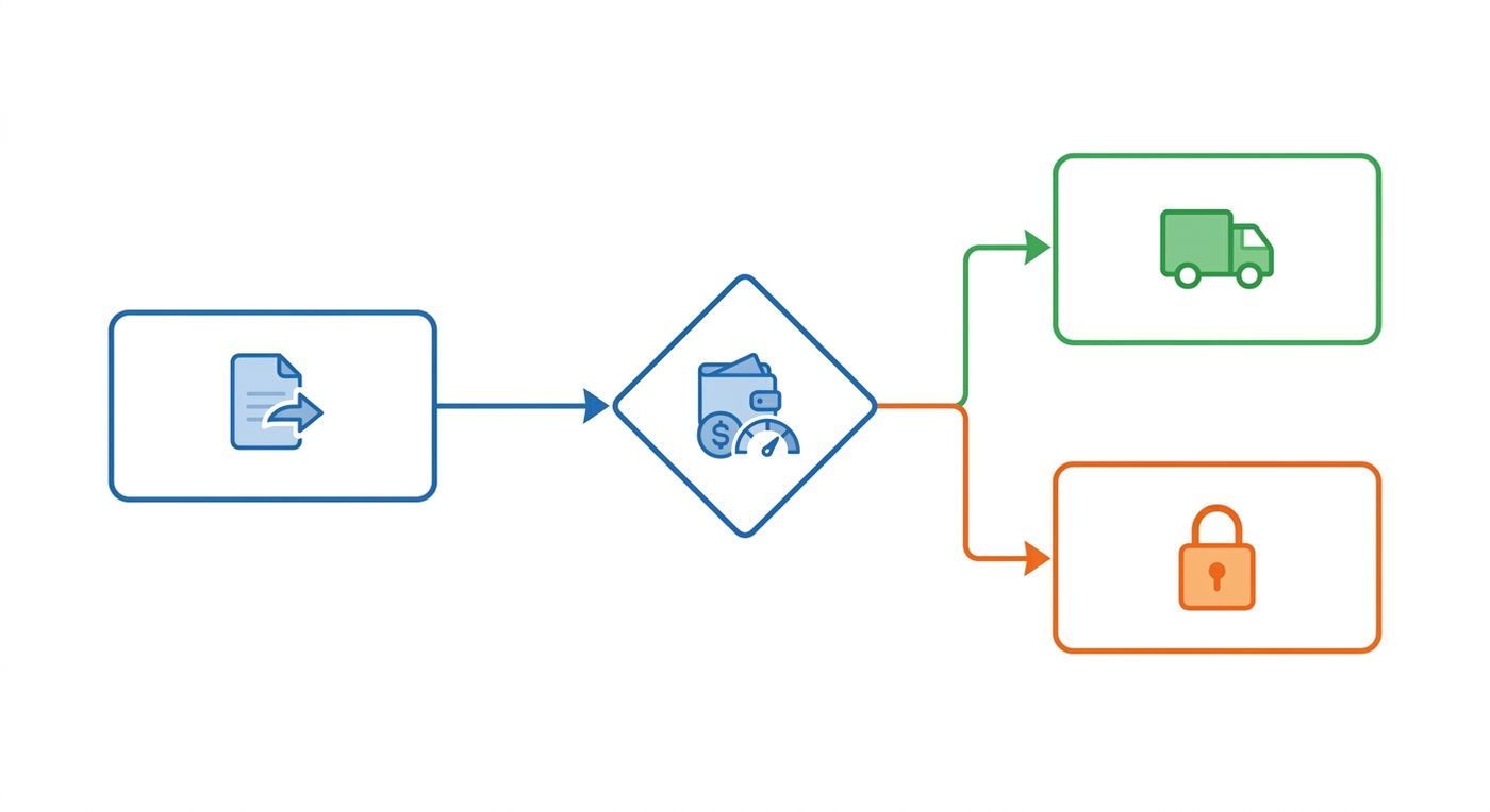 Flowchart illustrating the automated credit limit check and wallet balance validation workflow in a shipping ERP.