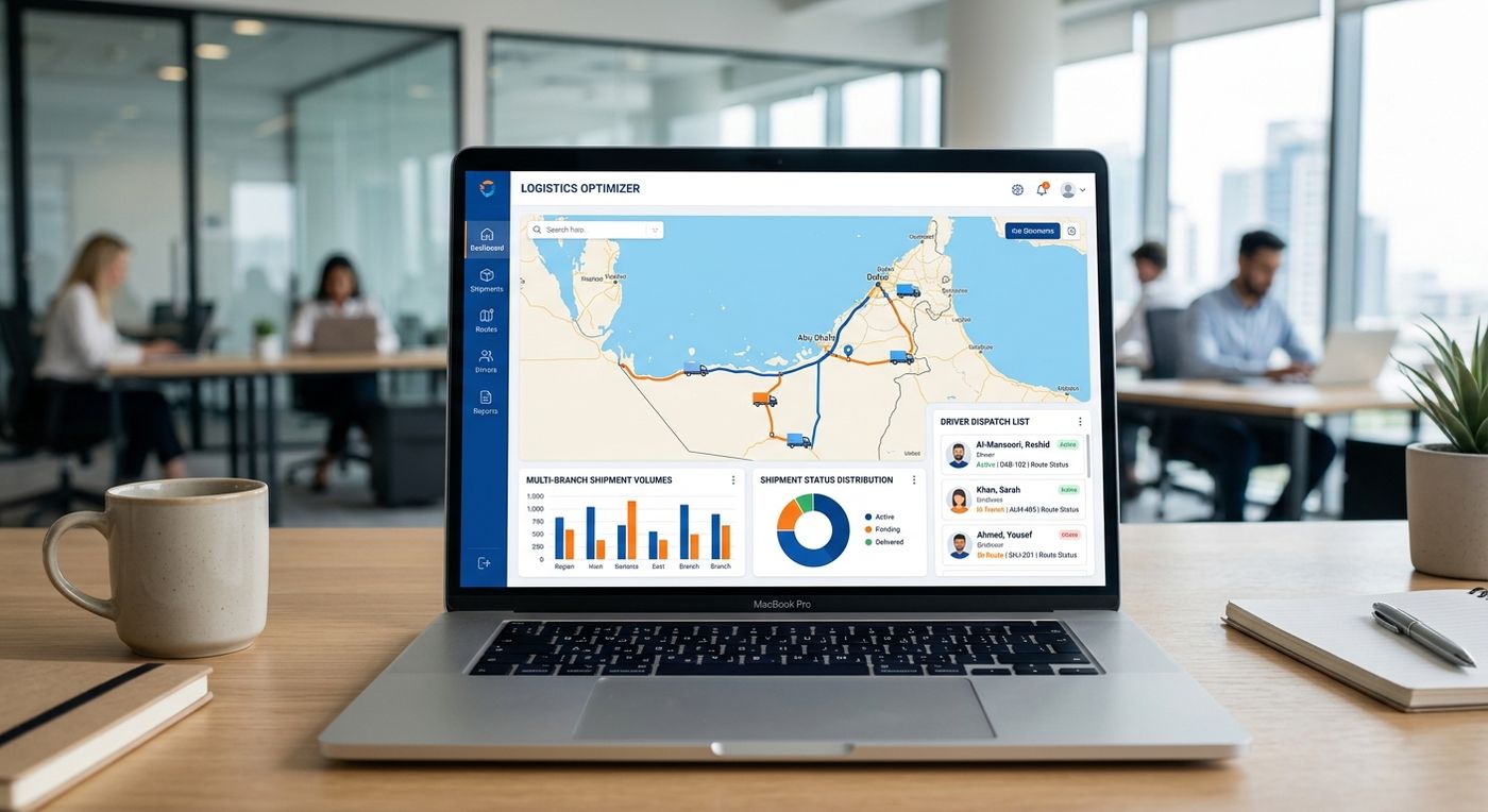 Product showcase of the Shiprex multi-branch shipping system dashboard on a laptop, displaying logistics metrics and regional fleet tracking.