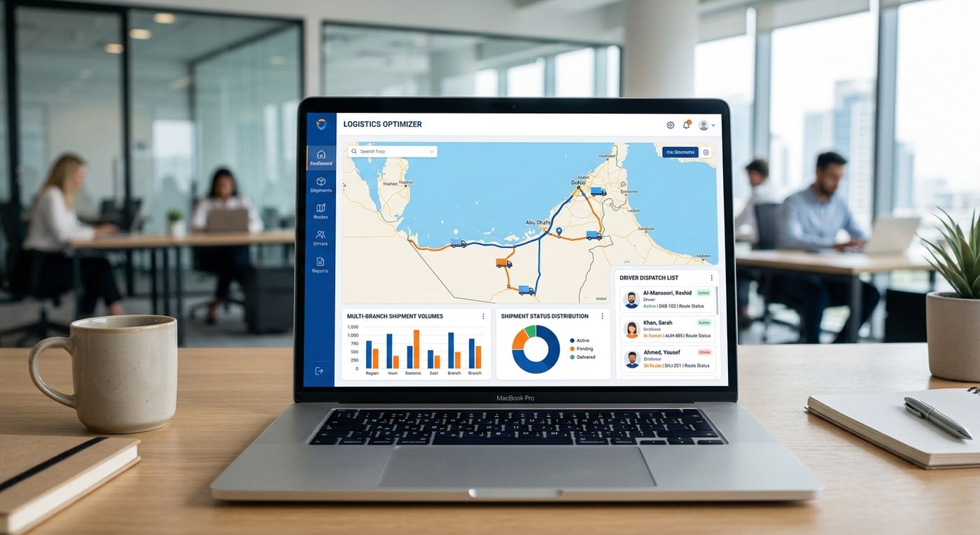 Product showcase of the Shiprex multi-branch shipping system dashboard on a laptop, displaying logistics metrics and regional fleet tracking.